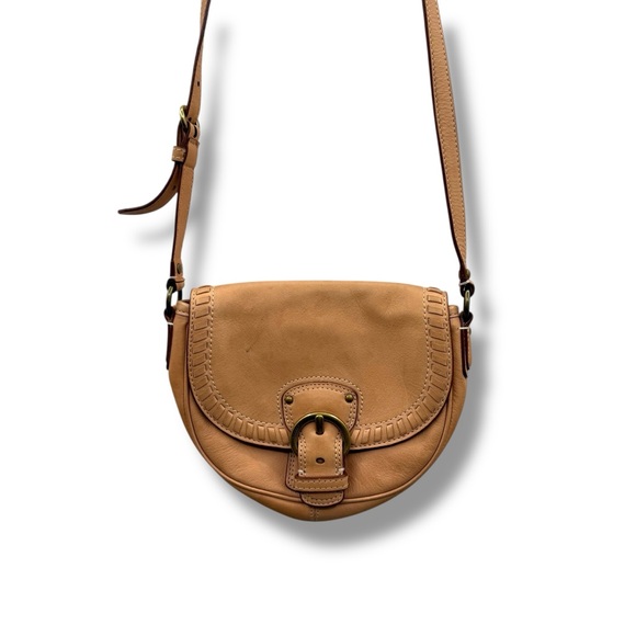 COACH Saddle Crossbody Bag Tan‎ Leather Buckle Flap Adjustable Strap - Picture 2 of 12